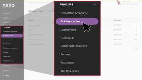 Educator account in Xello. The left menu is highlighted with Features open. The cursor is clicking Advisement notes.